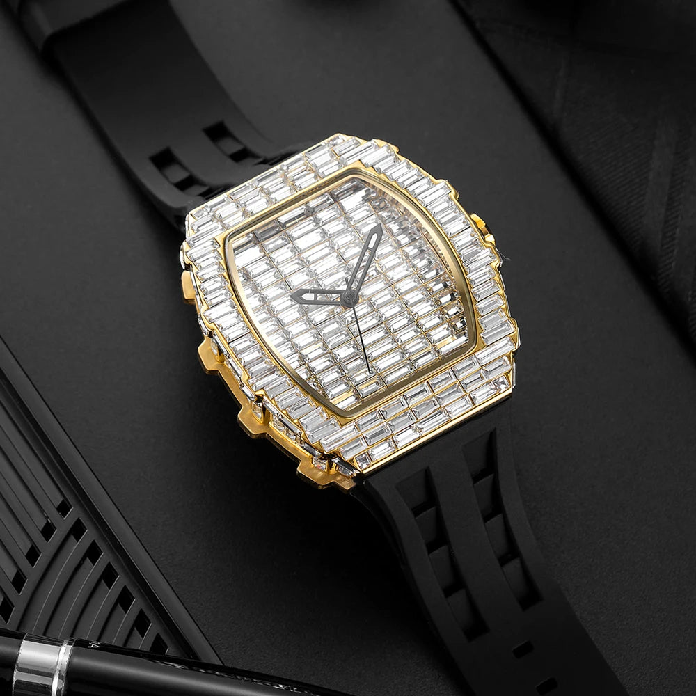 Montre-bracelet à Quartz pour hommes, marque de luxe, nouvelle collection créative, carrée, diamant scintillant, bracelet en caoutchouc, grand visage, cadeau, 2024