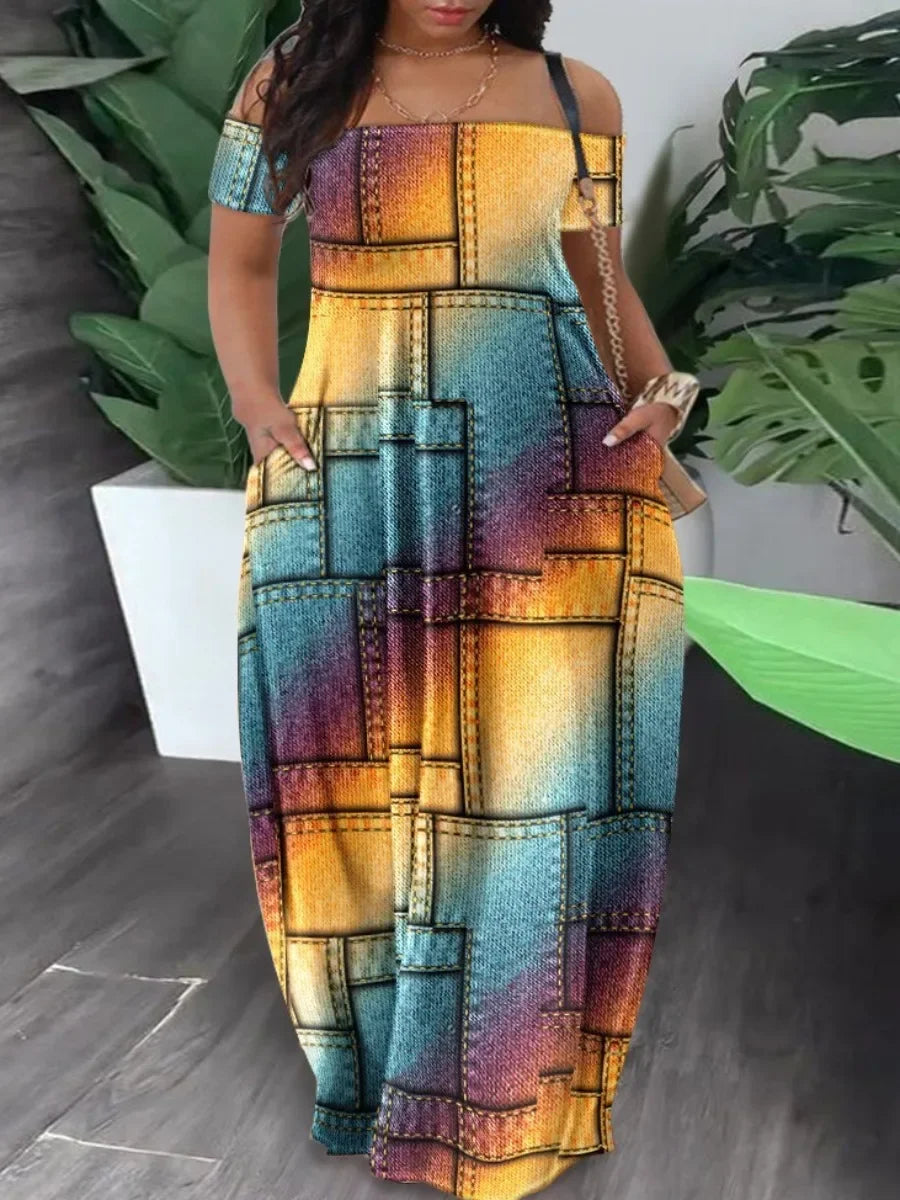 CamSolomon-Robe Longue à Manches Courtes pour Femme, Tenue Maxi Décontractée, Col Bouffant, Longueur au Sol, Nouveauté Été