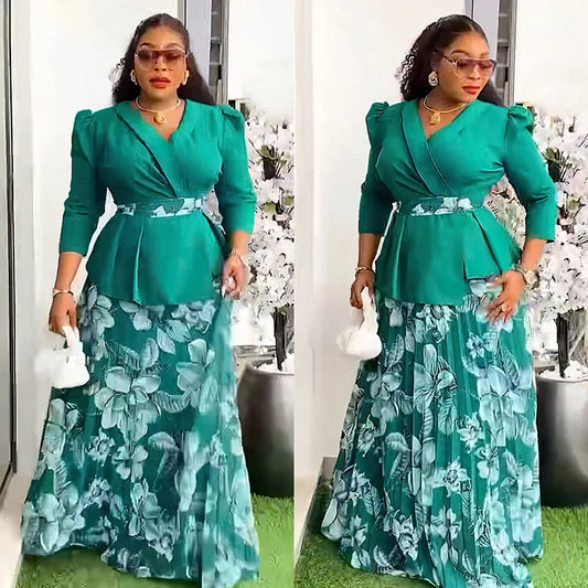 Vêtements africains 2 pièces pour femmes, mode d'été, demi-manches, col en v, haut imprimé en Polyester, jupe longue, ensembles assortis, 2025