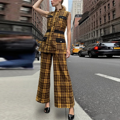 Krisstargirl 2 pièces ensembles tenue pour femmes été automne Plaid vêtements d'extérieur gilet haut pantalon à jambes larges correspondant costumes femme