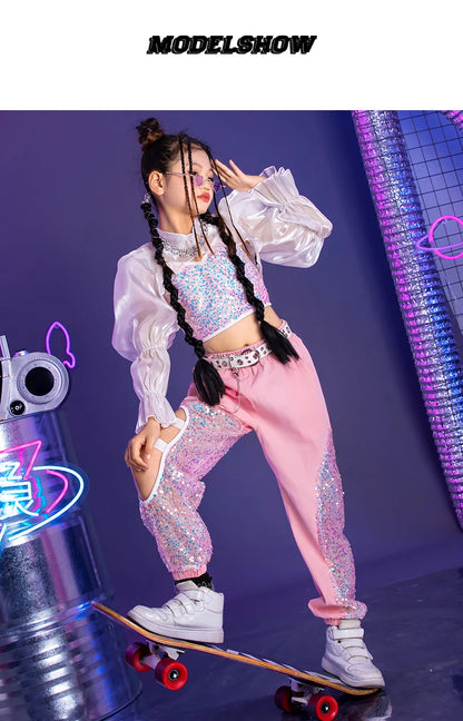 K-PoP-Ensemble de olympiques de danse jazz pour enfants, vêtements à paillettes, défilé de mode pour filles, tenues pour enfants, hip hop, hip hop