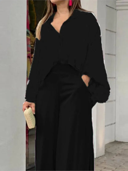 Ensemble imprimé à la mode pour femmes, chemise décontractée à manches longues + poches, taille haute, pantalon à jambes larges, ensemble de 2 pièces pour le bureau, printemps et été