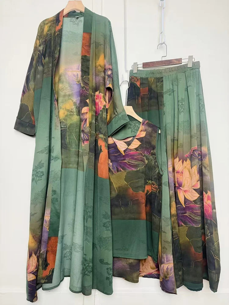 Cardigan long imprimé géométrique rétro, ensemble trois pièces, pull ample + jupe à jambes larges, costume à la mode pour femmes, été 2025