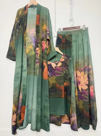 Cardigan long imprimé géométrique rétro, ensemble trois pièces, pull ample + jupe à jambes larges, costume à la mode pour femmes, été 2025