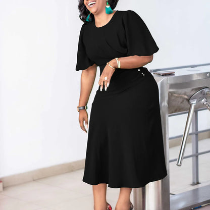 FairyShely-Robe longue à manches courtes pour femmes, grande taille, col rond, grandes robes pour dames, robe de soirée serrée, robe curvy, monochromatique, été, 2025