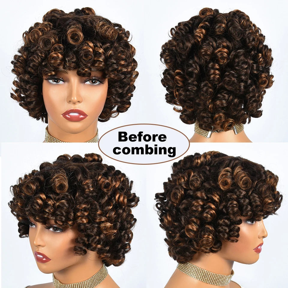 Hairugo-Perruque de Cheveux Humains Bouclés Coupe Pixie à Reflets, Sans Colle, avec Frange Entièrement Fabriquée à la Machine