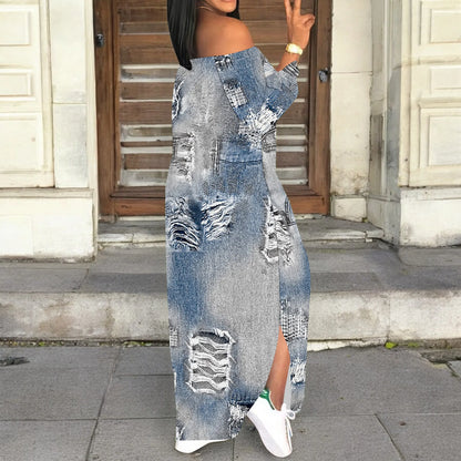 Robe en jean imprimé rétro, manches longues, coupe cintrée, élégante, décontractée, fente, col à une épaule