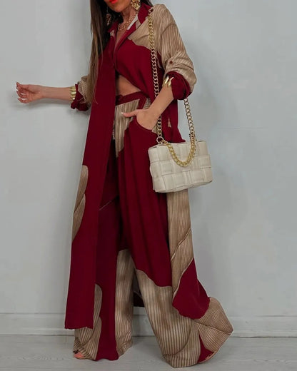 Ensemble deux pièces imprimé Patchwork pour femmes, haut à revers, manches longues, simple boutonnage, pantalon à jambes larges, décontracté, ample, mode printemps