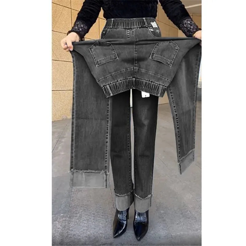 Jean femme d'âge moyen printemps automne taille extensible pantalon en Denim droit grande taille ample taille haute décontractée noir bleu pantalon