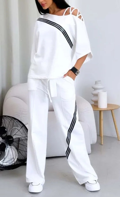 Costume de sport deux pièces blanc pour femmes, nouvelle mode, Sexy, épaules dénudées, chemise de sport ample + pantalon décontracté, vêtements de sport en coton pour femmes
