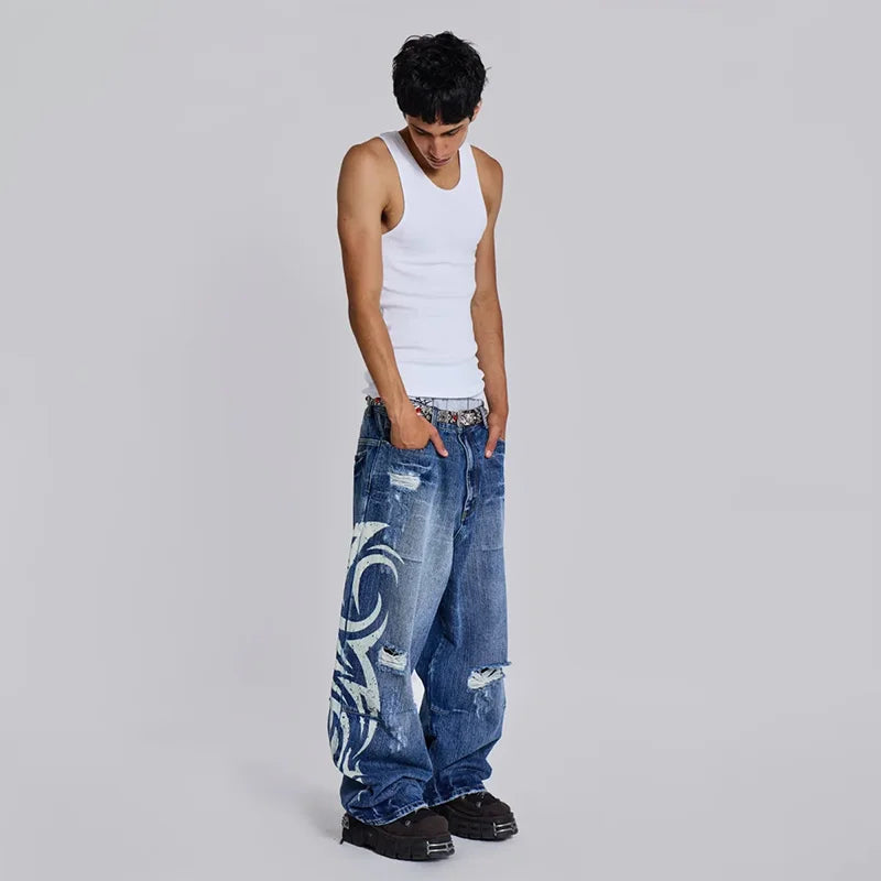 Y2K Baggy Jeans Gothique vintage impression Motif Lavé déchiré jeans Hip Hop Streetwear Harajuku hommes femmes Casual jambes larges jeans