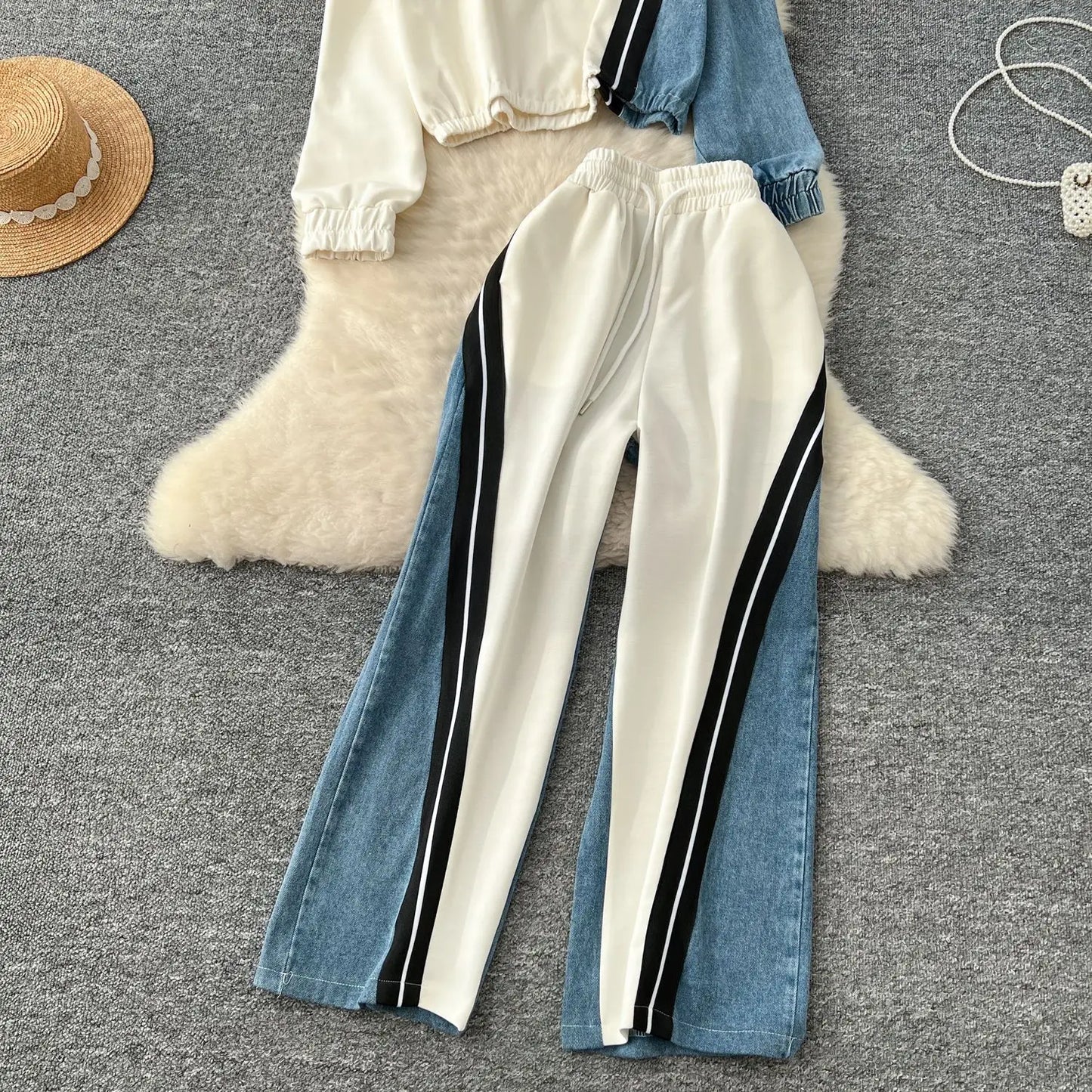 Ensemble pantalon deux pièces pour femmes, col rond, assorti, sweat-shirt, hauts, jambes larges, pantalons longs, décontracté, ample, taille élastique, Denim