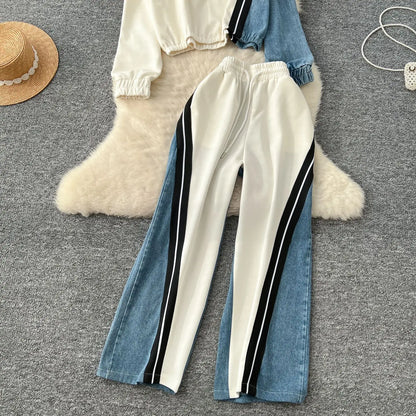 Ensemble pantalon deux pièces pour femmes, col rond, assorti, sweat-shirt, hauts, jambes larges, pantalons longs, décontracté, ample, taille élastique, Denim