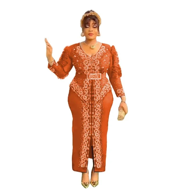 Robe longue africaine à col en v, ornée de strass, manches en maille à bulles, ajustée à la taille, fente latérale, offre spéciale