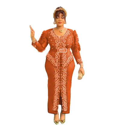 Robe longue africaine à col en v, ornée de strass, manches en maille à bulles, ajustée à la taille, fente latérale, offre spéciale