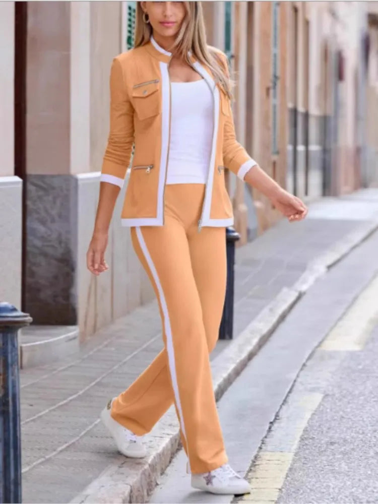 Ensemble deux pièces décontracté pour femmes, nouvelle mode, couleur unie, élégant, Slim, Simple, fermeture éclair, haut, pantalon de survêtement droit, automne et hiver