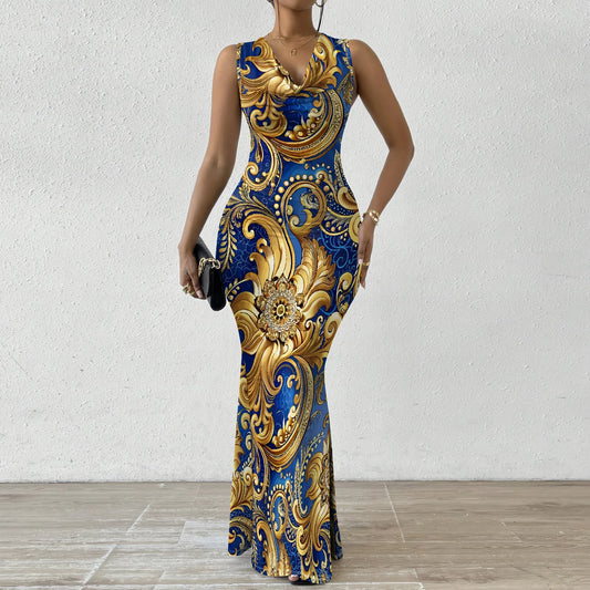 Robe longue moulante à imprimé baroque XS-2XL – Robe bleue et dorée élégante pour tenue de soirée, événements formels et gala