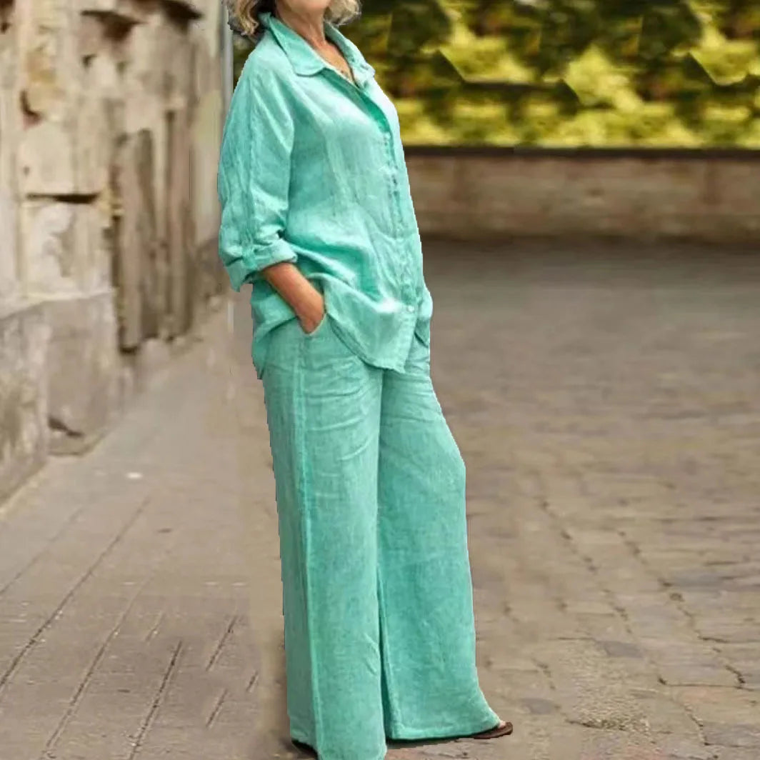 Ensemble 2 pièces en coton et lin pour femmes, chemise à manches longues, jambe large, mode féminine, bureau, printemps, automne