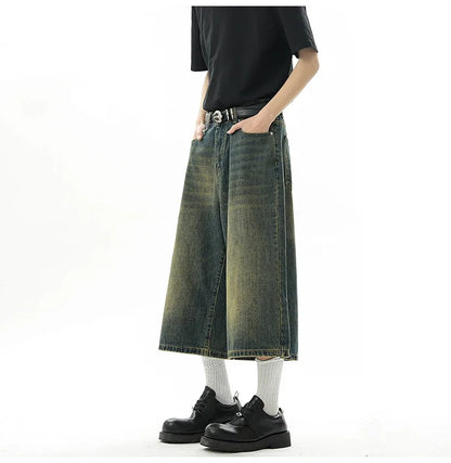 Short en Denim Baggy pour hommes, mode rétro décontractée, ample, jambes larges, longueur mollet, Streetwear Y2K, Style coréen