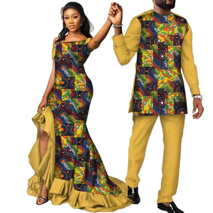 Vêtements de Couple Africains à Imprimé Ankara pour Femme et Homme, Robes sulfMaxi, Dashiki Imbibé, Tenue Amoureux, WYQ567