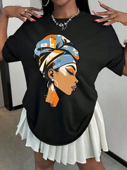 Profil de dame de dessin animé élégant ; T-shirt d'été à manches courtes pour femmes, haut tendance quotidienne