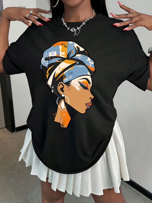 Profil de dame de dessin animé élégant ; T-shirt d'été à manches courtes pour femmes, haut tendance quotidienne