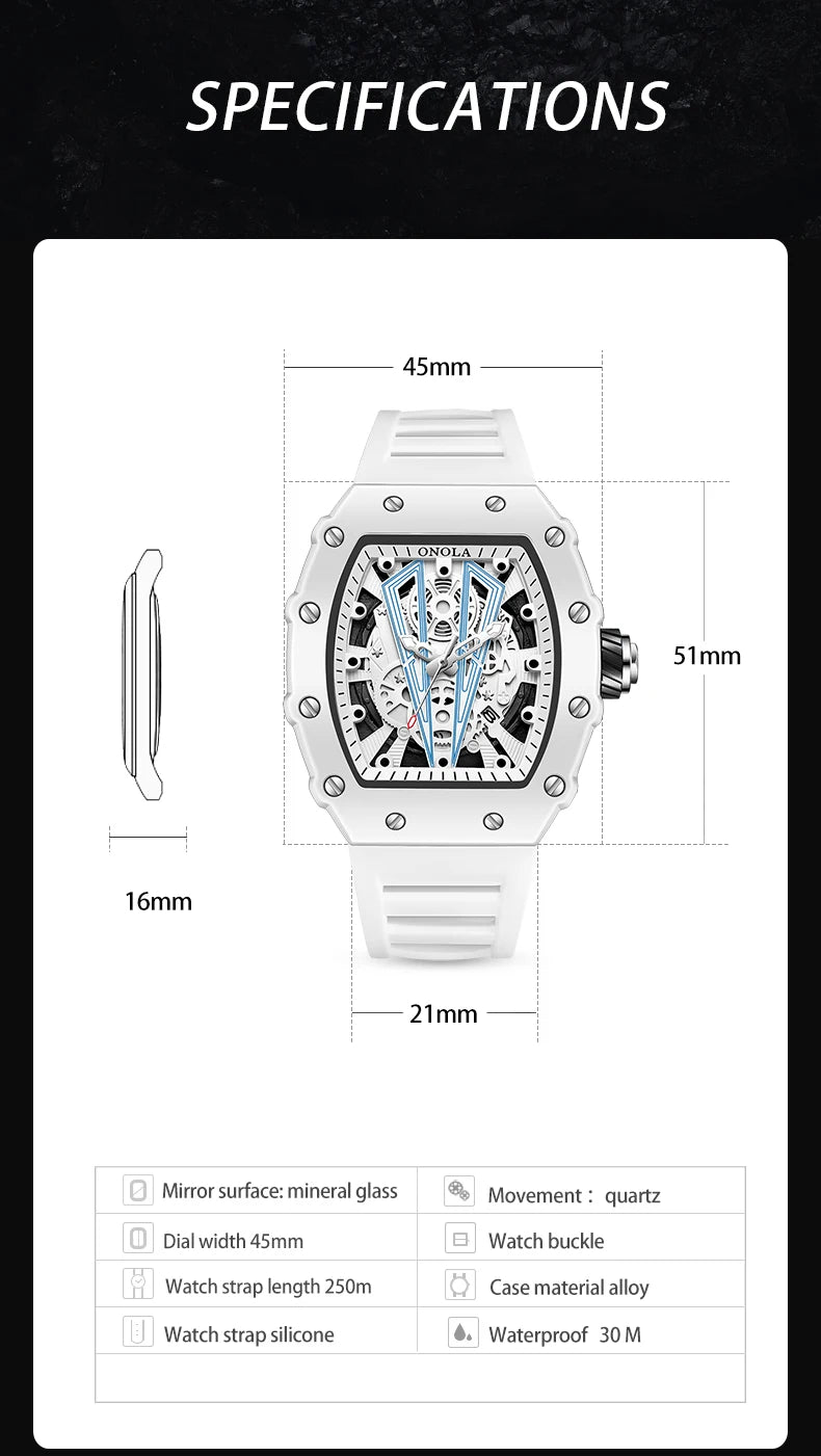 ONOLA-Montre Tonneau Blanche pour Homme, Horloge Masculine, Calendrier Showous, Degré d'Eau, Bande en Silicone