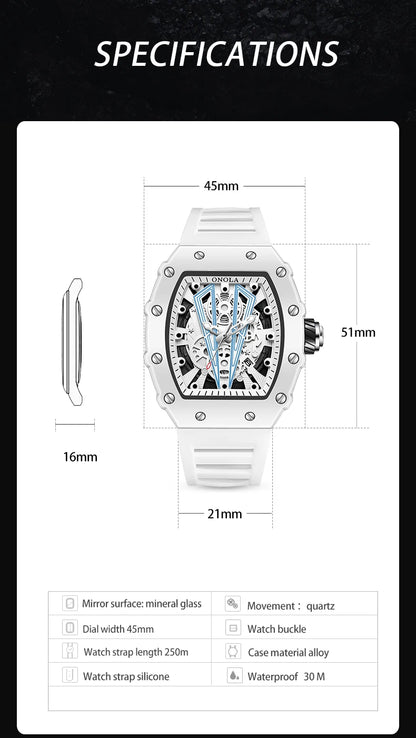 ONOLA-Montre Tonneau Blanche pour Homme, Horloge Masculine, Calendrier Showous, Degré d'Eau, Bande en Silicone