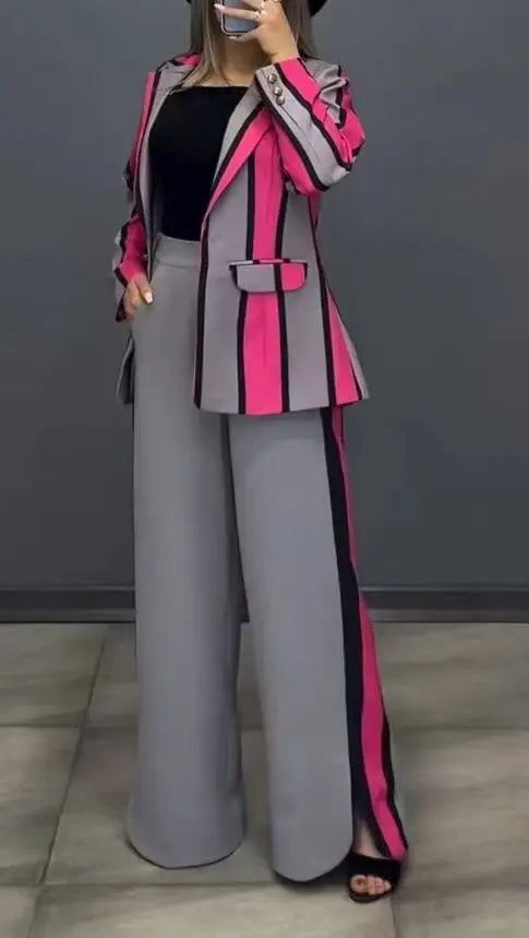 Femmes rayé imprimé costumes + pantalons deux pièces ensembles automne hiver décontracté jambe large pantalons ensembles bureau dames élégant manteaux tenues