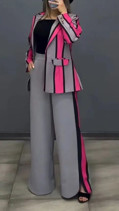 Femmes rayé imprimé costumes + pantalons deux pièces ensembles automne hiver décontracté jambe large pantalons ensembles bureau dames élégant manteaux tenues