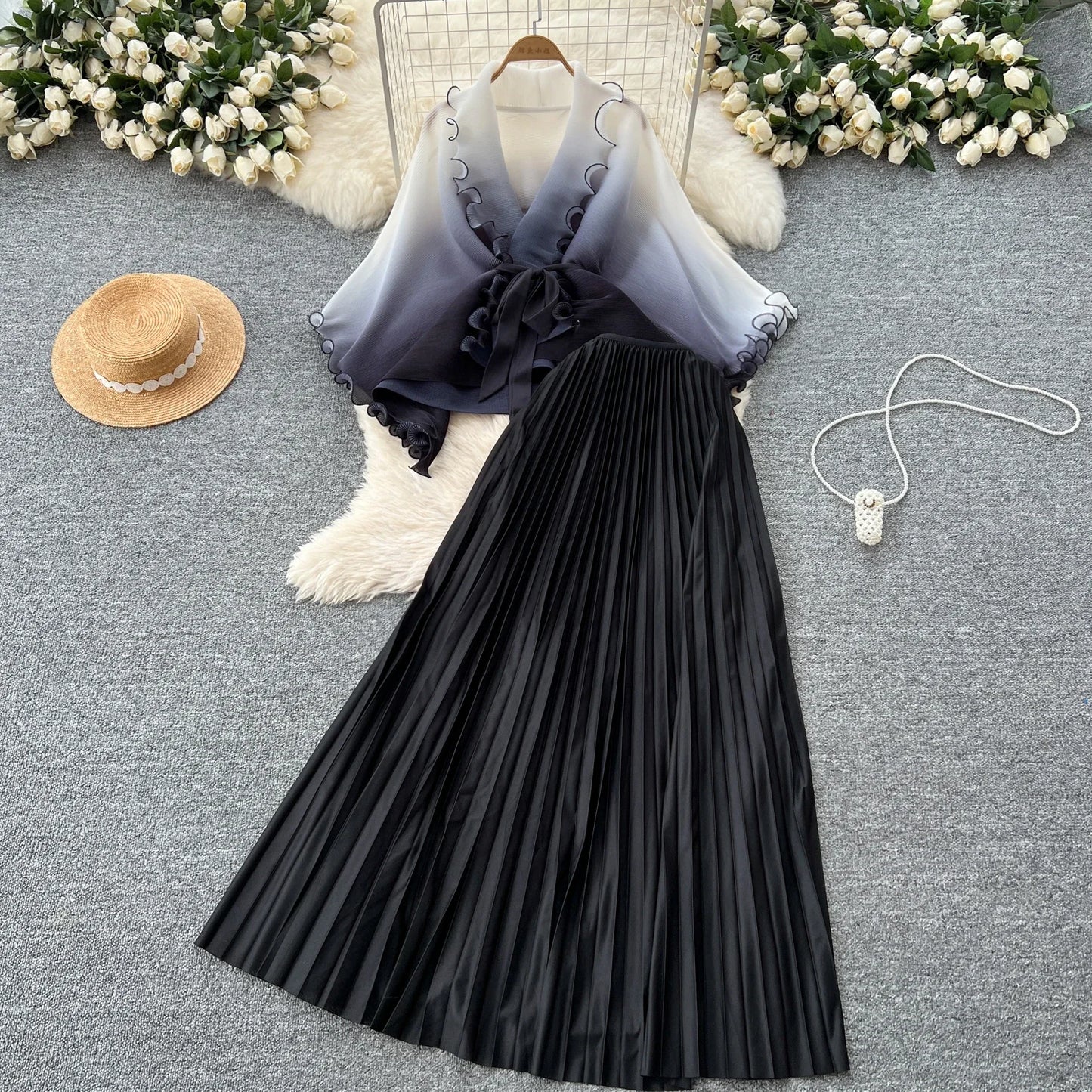 Miyake pli changement progressif couleur bord ondulé costume soleil jupe plissée à la mode et élégant deux pièces ensembles tenues pour femmes