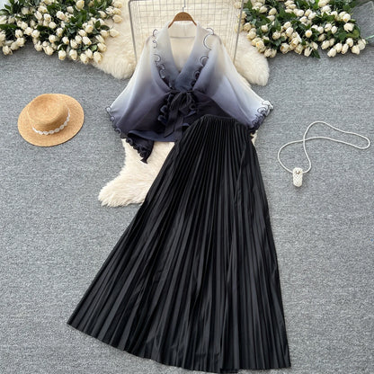 Miyake pli changement progressif couleur bord ondulé costume soleil jupe plissée à la mode et élégant deux pièces ensembles tenues pour femmes