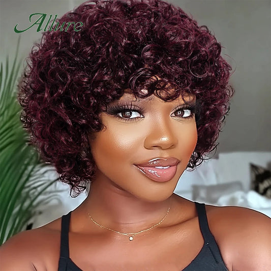 Jerry bouclés perruques de cheveux humains pour les femmes noires 10 pouces court Pixie Afro crépus bouclés perruque avec frange brun couleur cheveux perruques Allure
