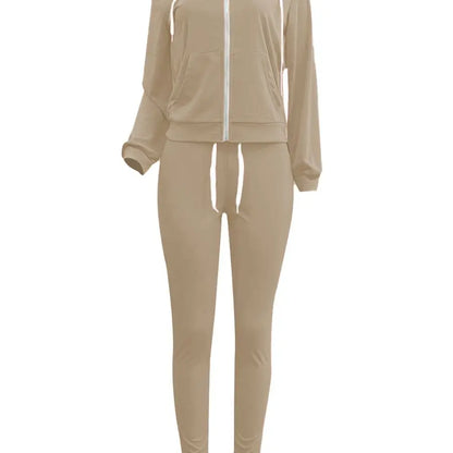 LW-Ensemble de survêtement à manches longues et cordon de serrage pour femme, poche kangourou décontractée, sweat à capuche et cordon de serrage, fjSpring, 2 pièces assorties