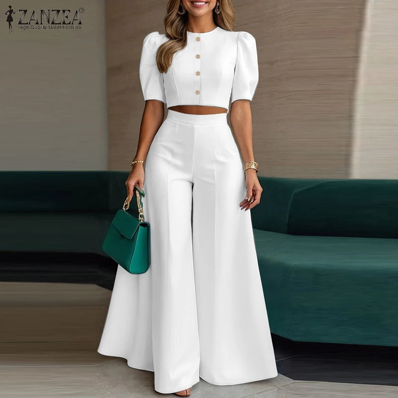 BS -  rue mode femme 2 pièces ensembles élégant manches courtes bouffantes haut court pantalon à jambes larges 2 pièces tenue élégant bureau pantalon ensembles