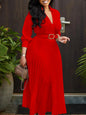 Robe de soirée élégante à lacets et ceinture pour femmes, col en V, plissée, manches trois quarts, tenue de bureau, printemps, automne