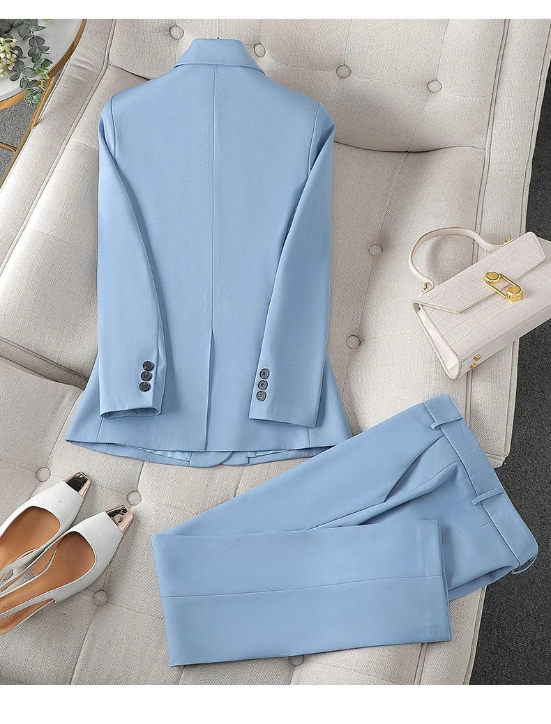 Costume Blazer Bleu Décontracté pour Femme, Tenue de Bureau, Manches sulf, Veste à Bouton Unique, Ensemble 2 Pièces, Chic, Mode, Pantalon, Élégant