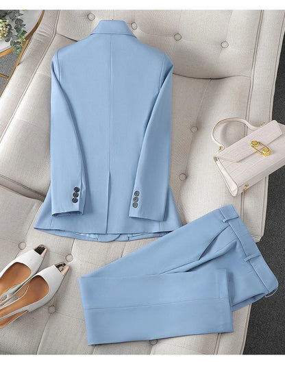 Costume Blazer Bleu Décontracté pour Femme, Tenue de Bureau, Manches sulf, Veste à Bouton Unique, Ensemble 2 Pièces, Chic, Mode, Pantalon, Élégant