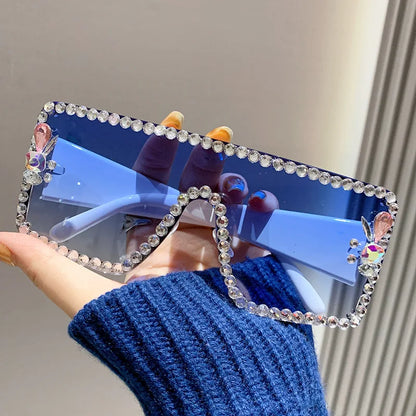 Lunettes de soleil une pièce pour femmes, grande monture rectangulaire incrustée de diamants, avec diamants d'eau
