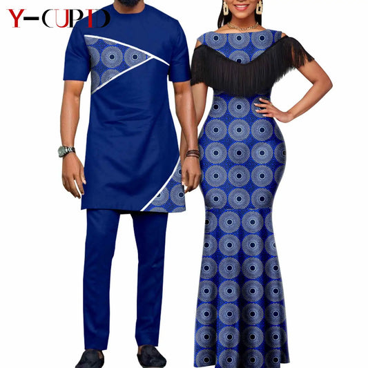Robes africaines pour femmes, tenues de Couple assorties, Bazin Riche Dashiki, Slim, imprimé pompon, longues robes de fête Y23C009