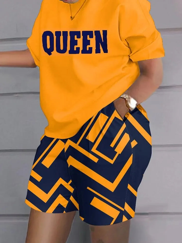 Ensemble deux pièces et short à poches pour femmes, t-shirt imprimé adt, short patchwork, col rond, blanc, décontracté, mode estivale