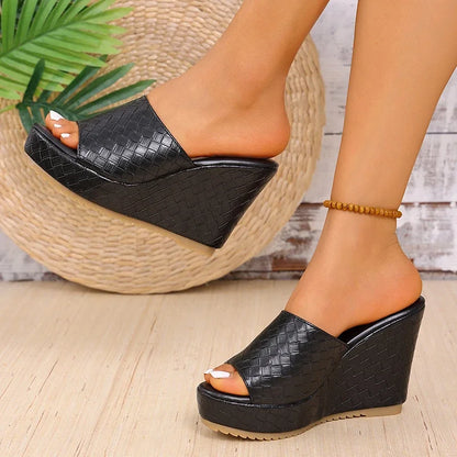 Plate-forme épaisse sandales à talons compensés femmes Sexy Peep orteil noir Pu cuir tissage diapositives femme Super haut talon anti-dérapant Sandalias Mujer