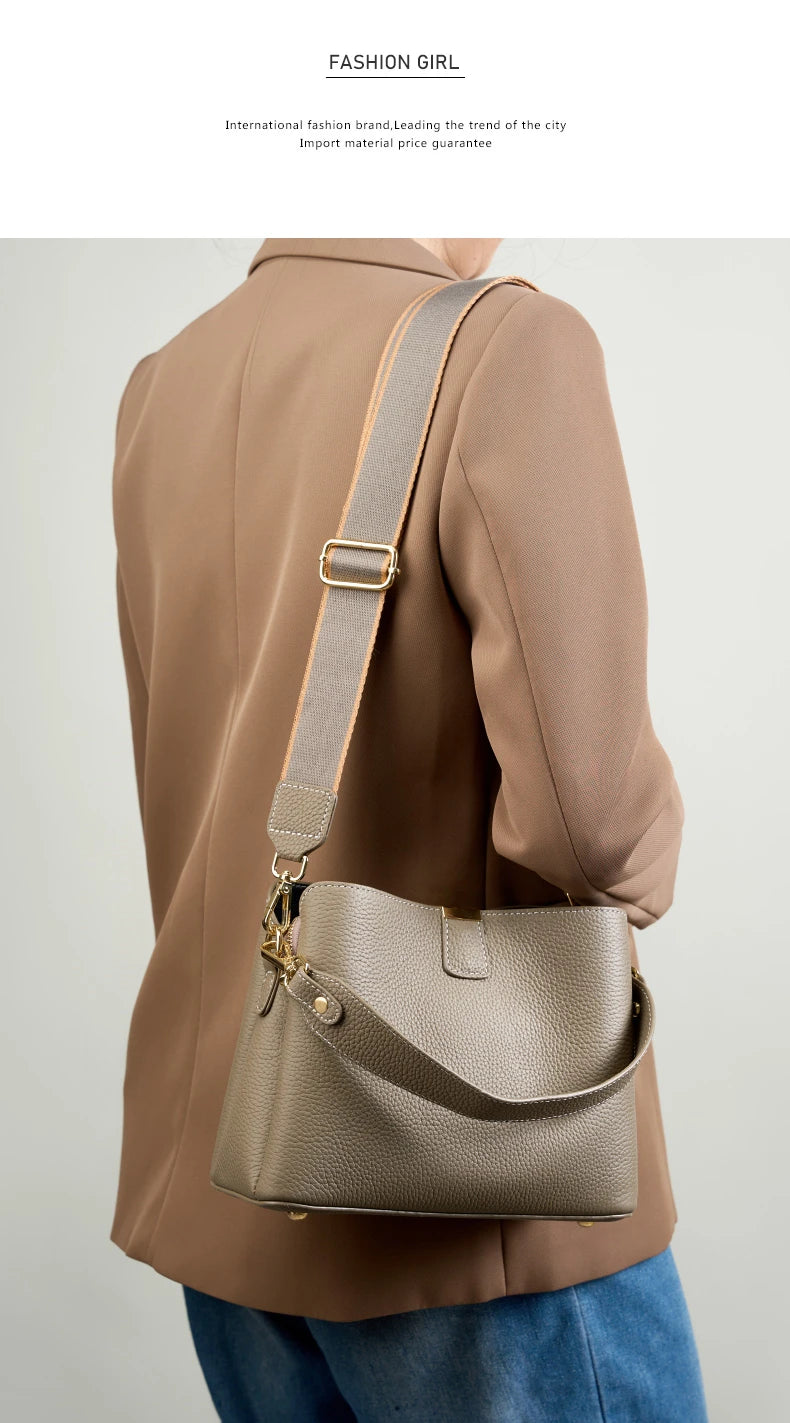 Hifashion 100% vache en cuir véritable seau épaule sacs à bandoulière pour femmes 2025 luxe concepteur large sangle fourre-tout dames sacs à main