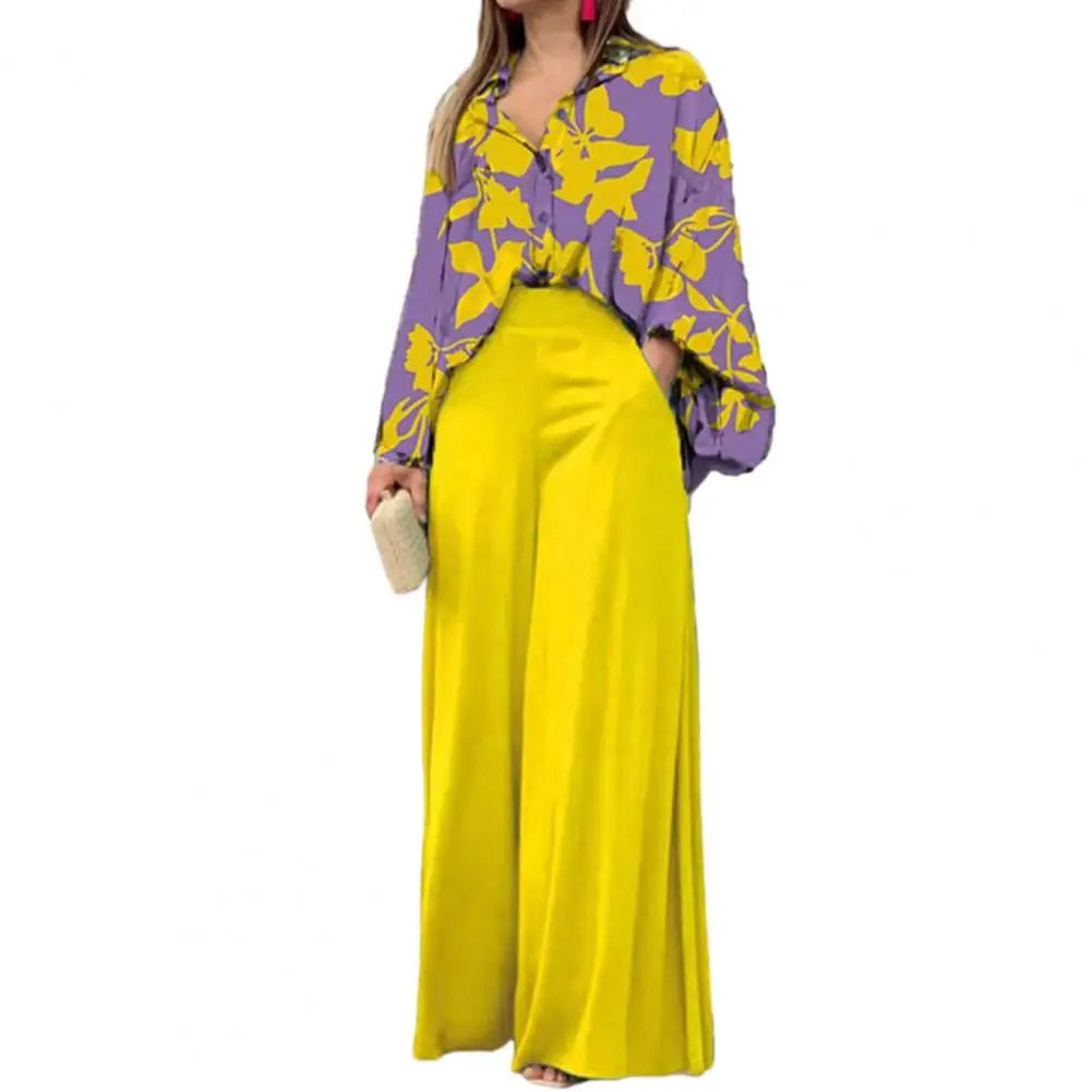Ensemble Chemise et Pantalon à Revers pour Femme, Tenue Simple, Imprimé Feuilles, Manches sulf, Taille Haute, Jambes Larges, Tenue de Bureau, Tenue de Salon, 2 Pièces/Ensemble