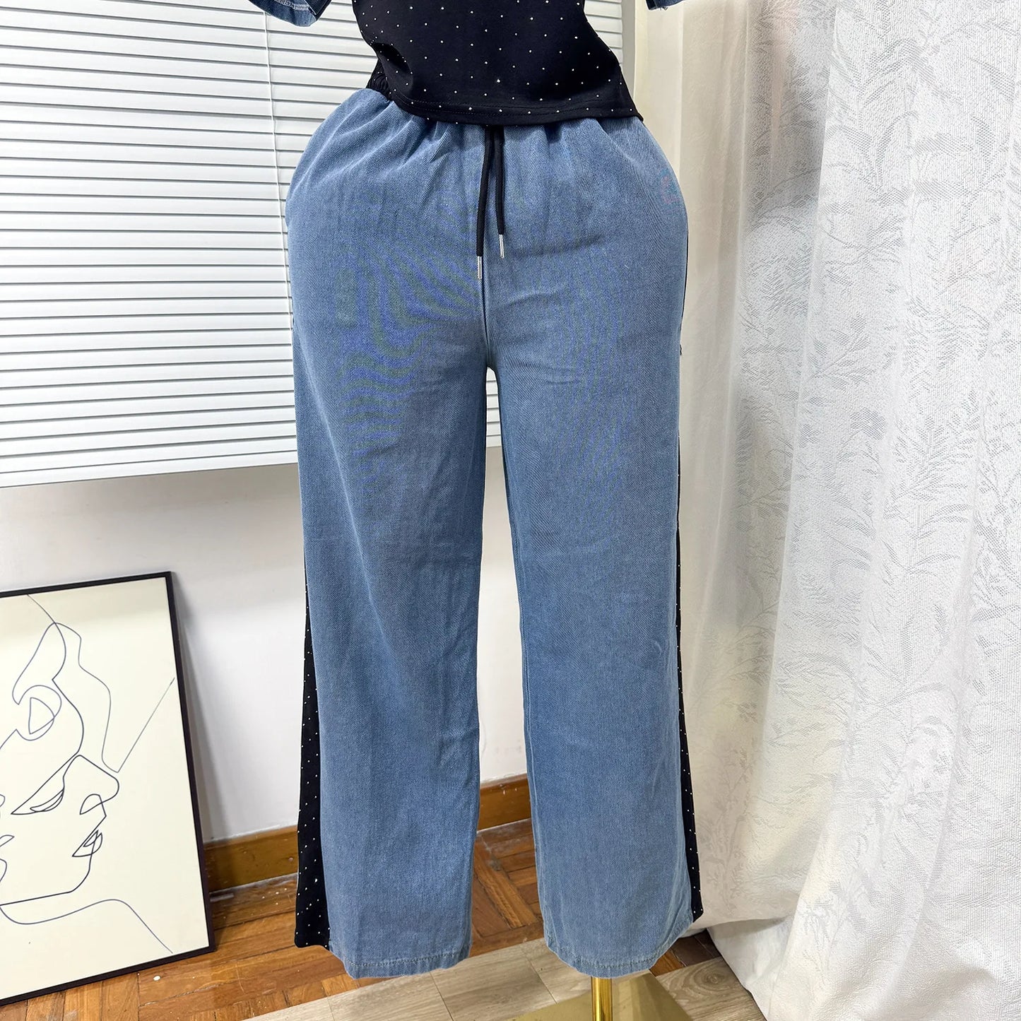 Ensemble deux pièces en Denim pour femmes, ensemble pantalon assorti, Streetwear Y2k, décontracté, perçage à chaud, hauts, jambes larges, pantalons longs, taille haute, 2025