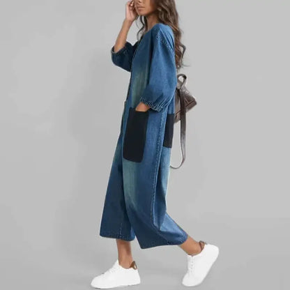 Combinaisons en Denim avec poches Patchwork pour femmes, nouveaux articles, col rond, simple boutonnage, pantalon élastique à manches courtes