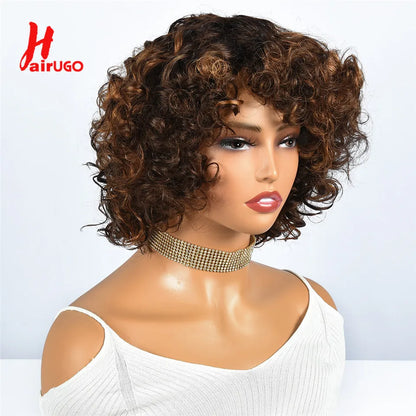 Hairugo-Perruque de Cheveux Humains Bouclés Coupe Pixie à Reflets, Sans Colle, avec Frange Entièrement Fabriquée à la Machine