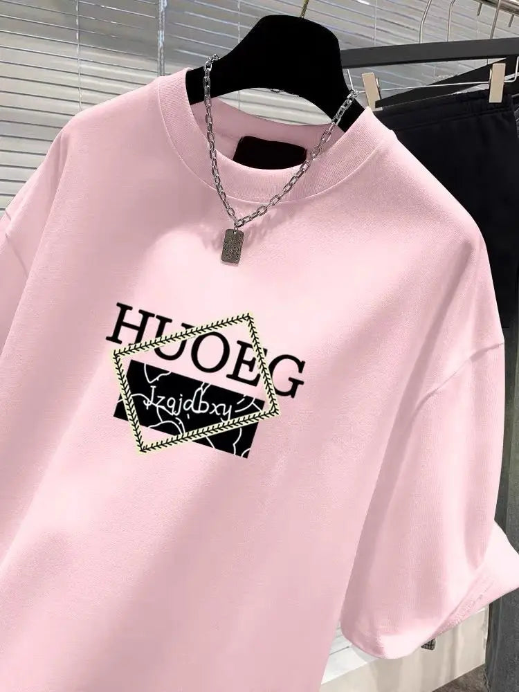 T-shirt à manches courtes en pur coton de style européen pour femmes, vêtements d'été décontractés, haut imprimé à col rond, pull basique pour femme