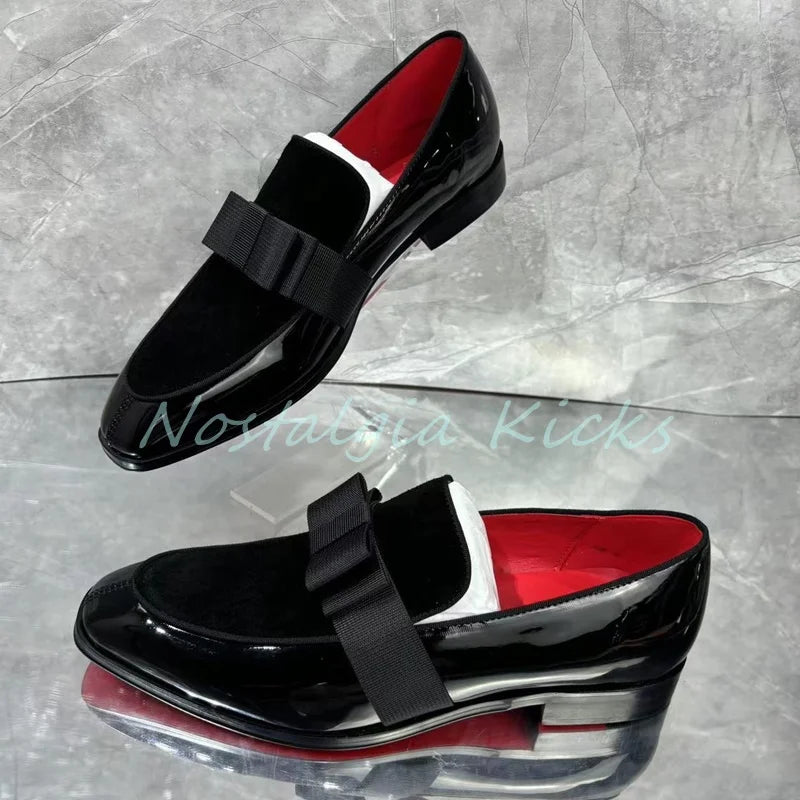 Mocassins à enfiler en cuir verni noir brillant pour hommes, chaussures habillées décontractées avec nœud décoré, chaussures de mariage élégantes pour hommes
