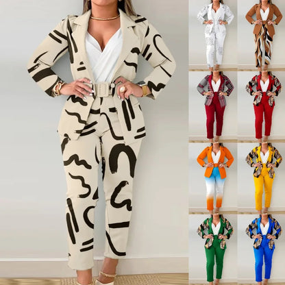 Ensemble de travail deux pièces avec ceinture pour femme, blazer à col à revers, manteau cardigan, pantalon, lettre imprimée, mode, bureau imbibé, automne, hiver